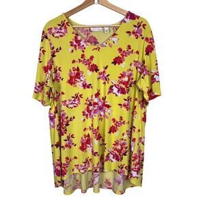 Susan Graver Womens XL Liquid Knit Yellow Floral V Neck Short Sleeve Tunic Top